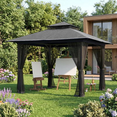 Pavillon de jardin 10 x 13, pavillon de jardin extérieur avec moustiquaire, pavillon de jardin à double toit en métal, auvent pour patio couvert, abri de jardin robuste pour terrasse de jardin