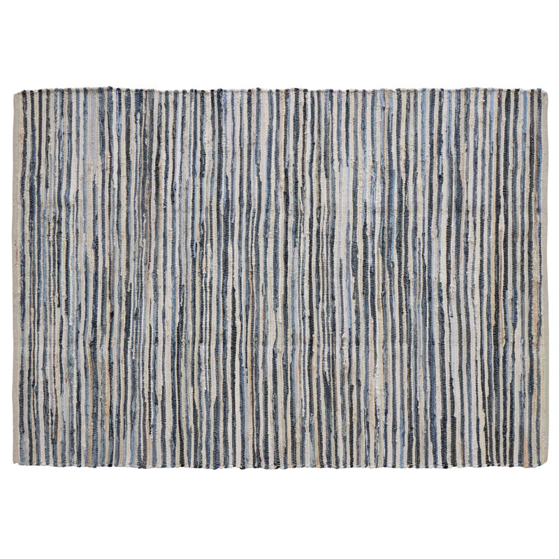Ensemble de tapis en denim / blanc tissés à plat à la main à motif abstrait Lombard, Rectangulaire 3 pi x 5 pi