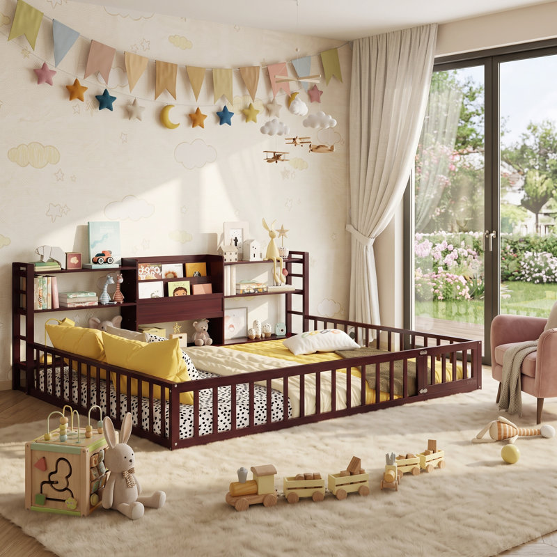 Lit de clôture pour enfants Kittredge avec bibliothèque intégrée et tablettes de rangement à 3 niveaux pour un sanctuaire douillet et organisé