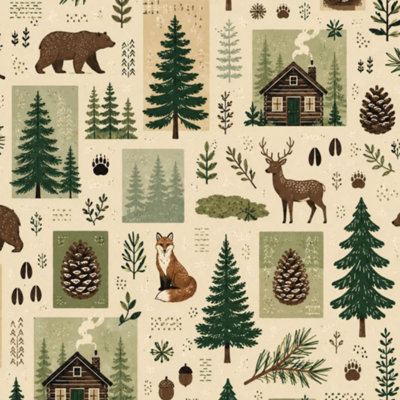 Peel and Stick Wallpaper Forest Wildlife Patchwork Pine Trees Deer Bear Pine Rustic Cabin Wall Mural 17.7"W x 118"H Self Adhesive Removable