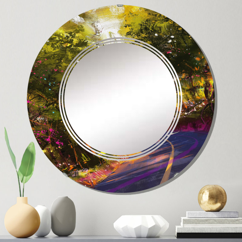 Route entourée par les couleurs des feuilles d'automne - Miroir mural rond, 24 po x 24 po