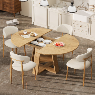Ensemble de salle à manger en bois Mid-Century moderne pour 4-6, table de cuisine extensible et chaise rembourrée en lin pour la salle à manger