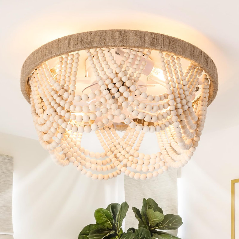 Cage Shaped Wooden Bead Flat Hanging Lamp Ceiling Fan