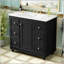 Meuble-lavabo contemporain noir - 36 po x 18 po x 34 po, 4 tiroirs et 1 porte d'armoire, rangement polyvalent, lavabo intégré en résine, tablettes réglables, structure en bois massif avec panneau de fibres à densité moyenne