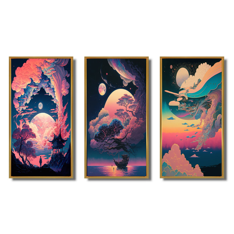 «Magic Mythical Visions Of Antique Legends V», 3 pièces sur toile, Cadre flottant doré, H 48 po x l 32 po
