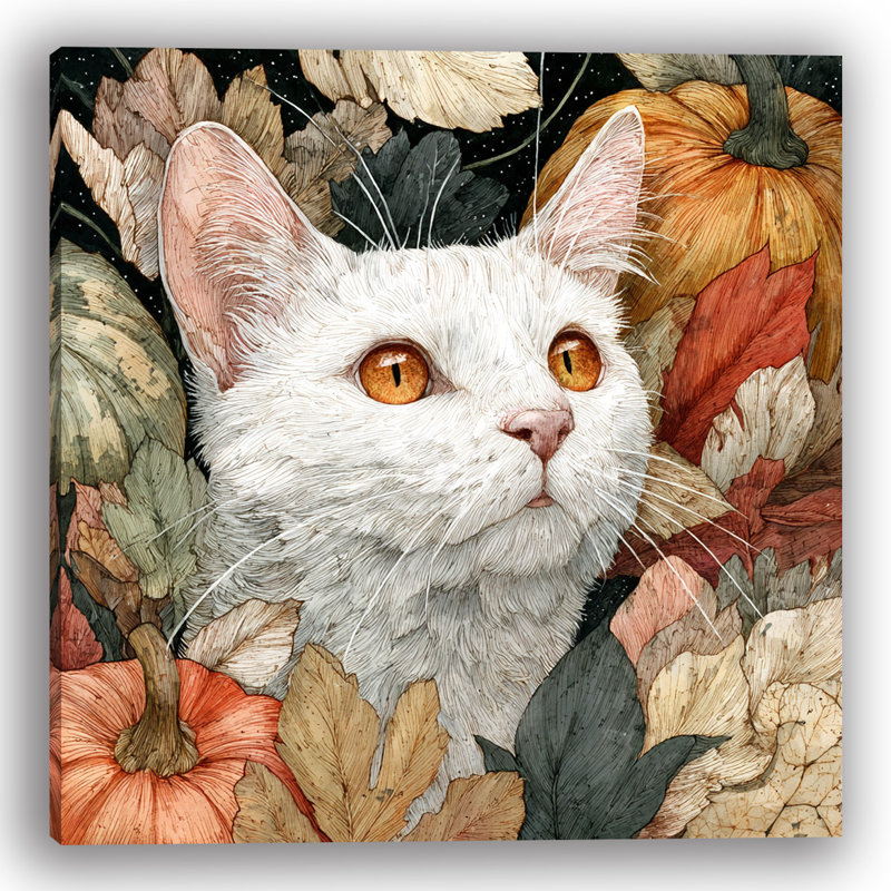 «White Cat in Autumn Leaves», art mural sur toile tendue, H 30 po x l 30 po