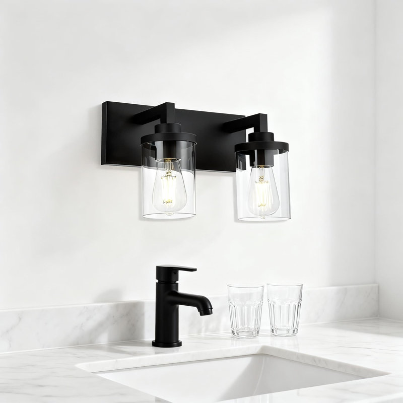 Applique murale moderne avec abat-jour en verre transparent, luminaire de salle de bain noir 2 lumières pour salle de bain, chambre à coucher, cuisine et entrée