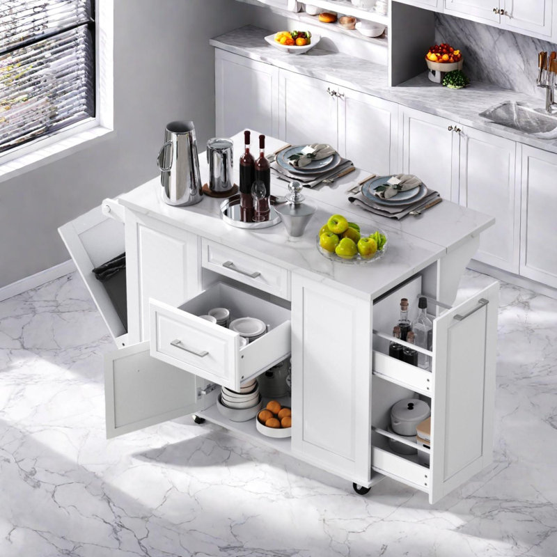 50.7" Kitchen Island with Drop Leaf and Storage Cabinet, White