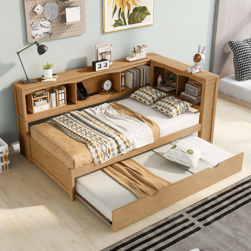 Lit de jour avec couchette, armoires de rangement et ports USB, Lit simple, Naturel