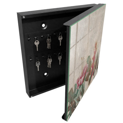Key box for home, Opens to the left, 30x30x5, Black, Plant motifs with a textured background, 