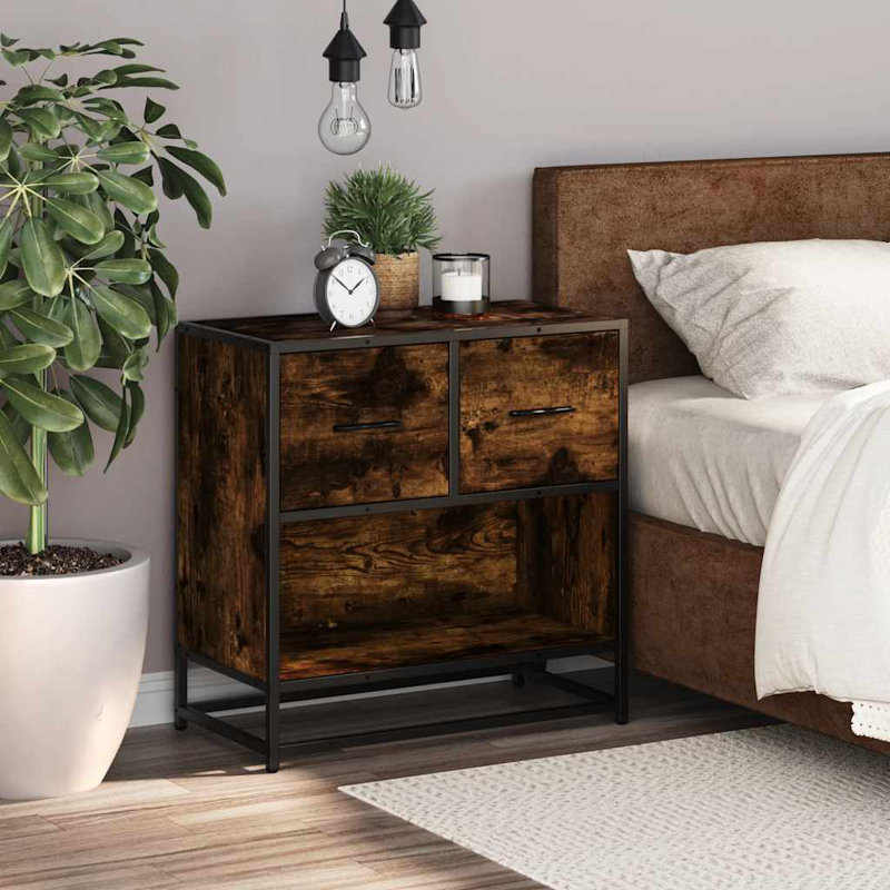 60cm W Metal Bedside Table, Smoked Oak