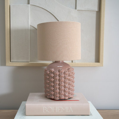 Demariyah Ceramic Pink Geometric Table Lamp with Drum Lamp Shade