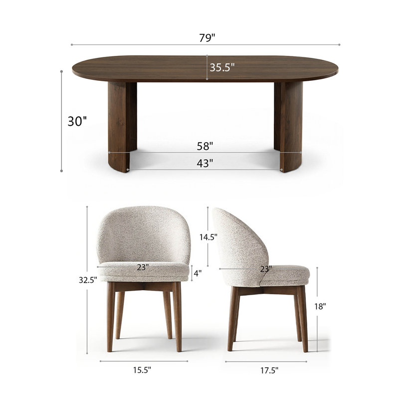 Modern 79" Oval Dining Set With 6 Upholstered Dining Chairs, Dark Brown Wood, Beige/Beige