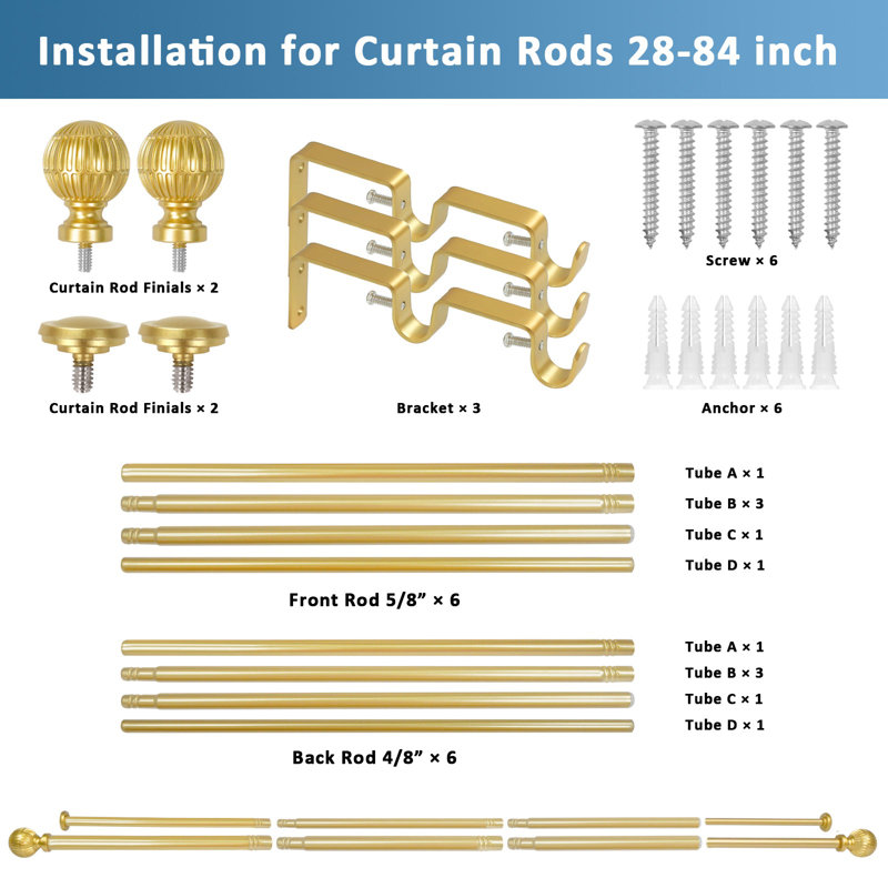 Tringles à rideaux réglables à épissage double avec volutes, 28" - 84", Doré