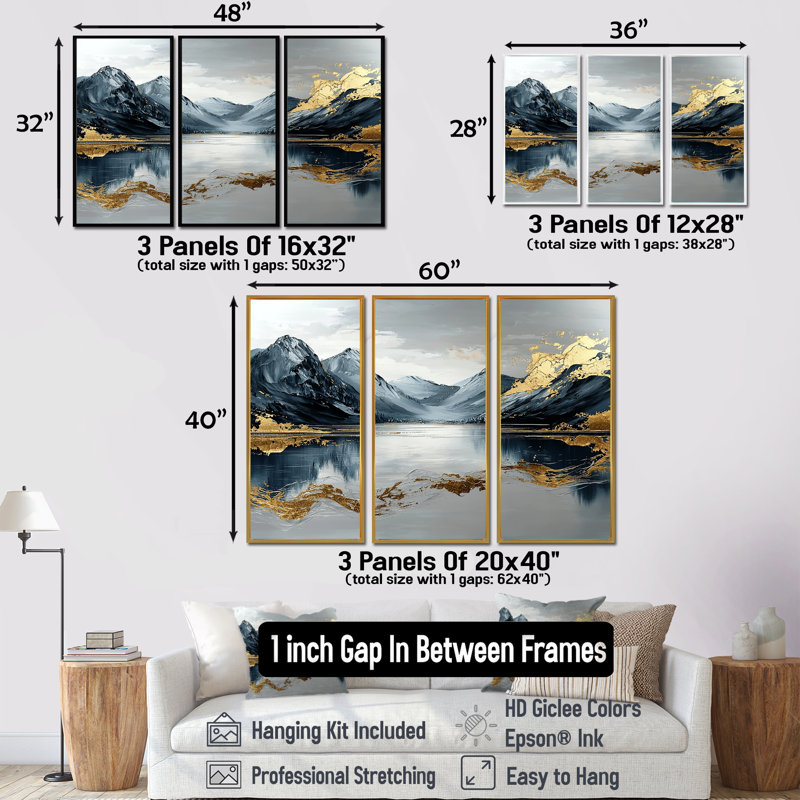Ensemble de décorations murales bleues et dorées Loch Ness Mist - Écosse, Toile avec cadre flottant noir