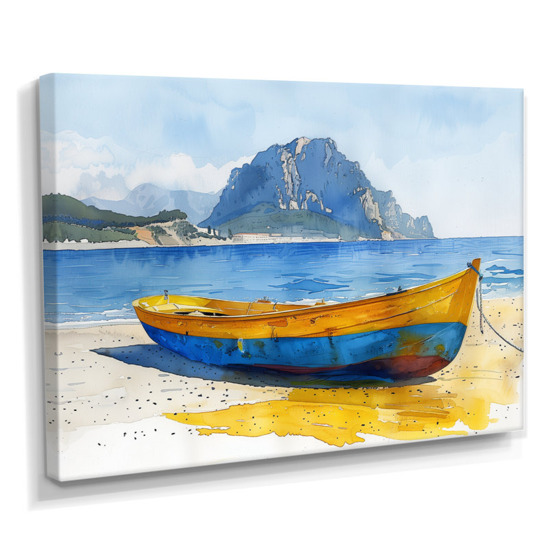 Bateau italien : la tranquillité au bord de la mer - Affiche murale de plage, H 24 po x l 32 po x P 1 po, Toile tendue
