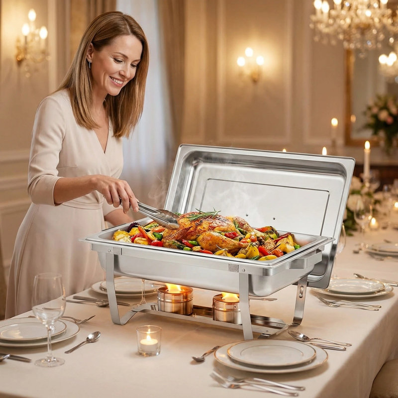 6pcs 8QT Buffet Servers and Warmers Set with Lid & Foldable Frame, Rectangular Stainless Steel Chafer Food Warmer for Parties Wedding Catering Supplies, Silver