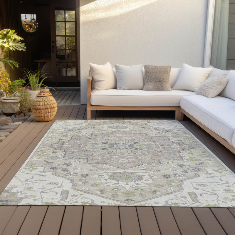Ivory and Beige Rectangular Synthetic Washable Area Rug
