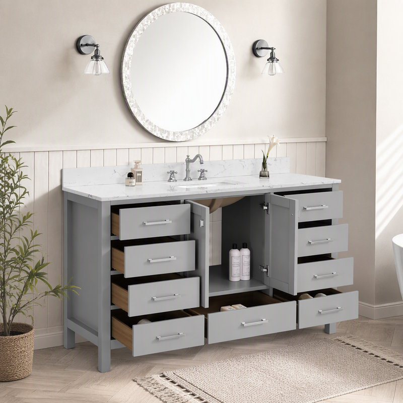 Meuble-lavabo autoportant 60 po avec lavabo simple et cadre en bois massif 60 po gris, Gris