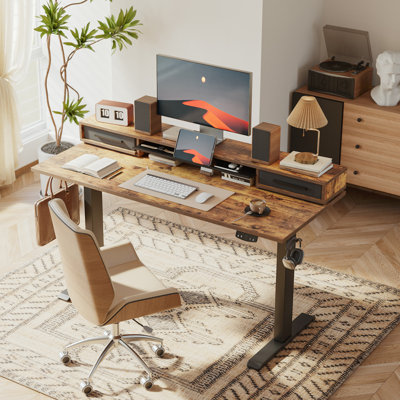 48 Inch Electric Height Adjustable Standing Desk with Double Drawers & Storage Shelf, Sit-Stand Home Office Desk with Hooks, Ergonomic Computer Workstation, Rustic Brown
