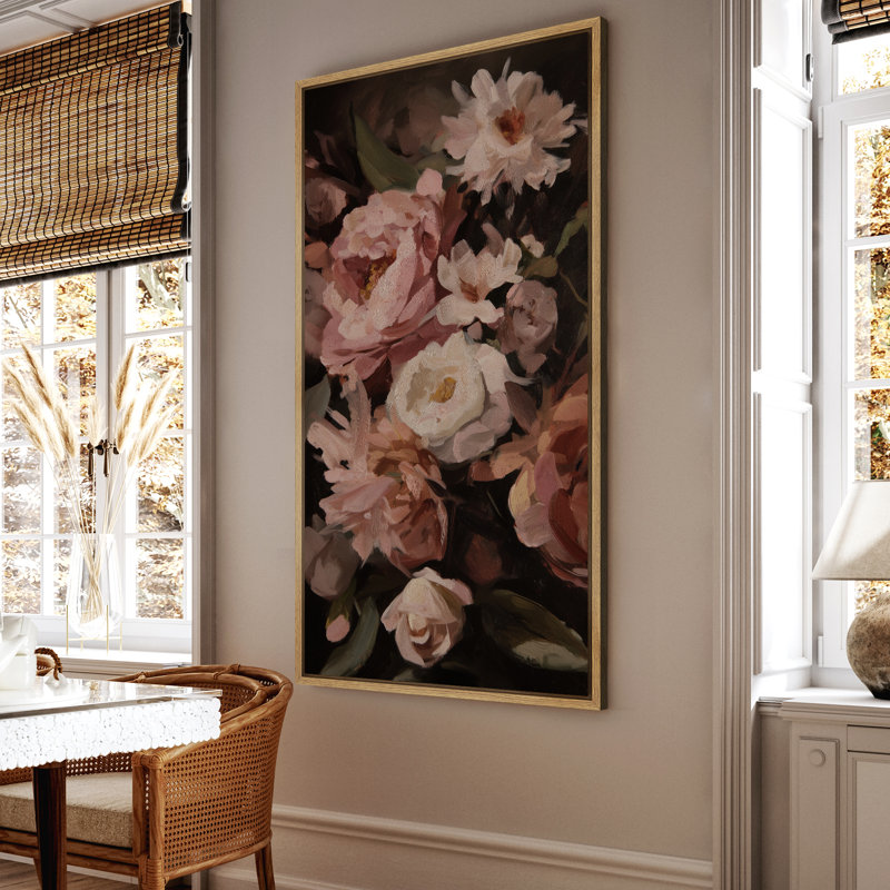 Doux rétro pivoine floral, art mural dans des tons chauds de rosé - grande impression sur toile encadrée de la chambre principale