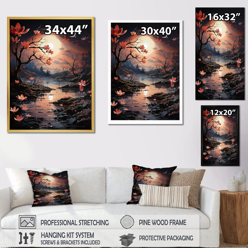 «Blooming Night In surrealism River» sur toile, Cadre flottant doré, H 44 po x l 34 po x P 1,5 po