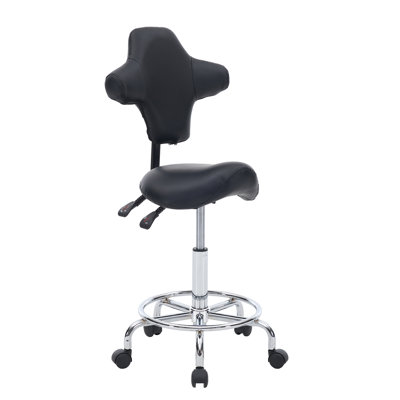 Tabouret ergonomique avec dossier, hauteur réglable par pression hydraulique rotative à 360°.