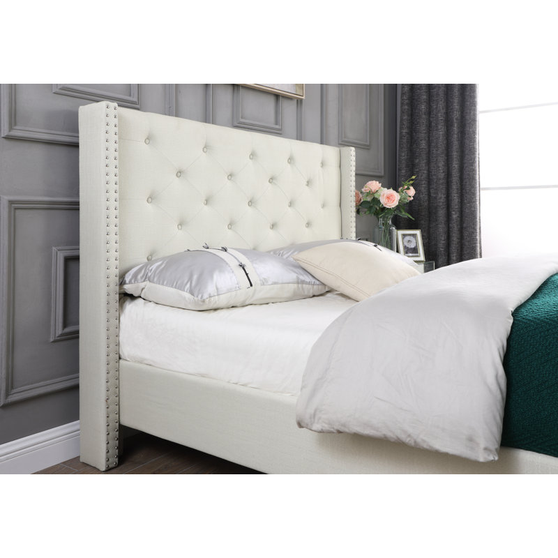 Upholstered Wingback Bed, Light Beige, Full