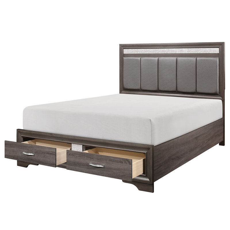 Grand lit plateforme contemporain gris avec détails à paillettes argentées, tête de lit tapissier en similicuir et revêtement de chambre à coucher à tiroirs, tête de lit
