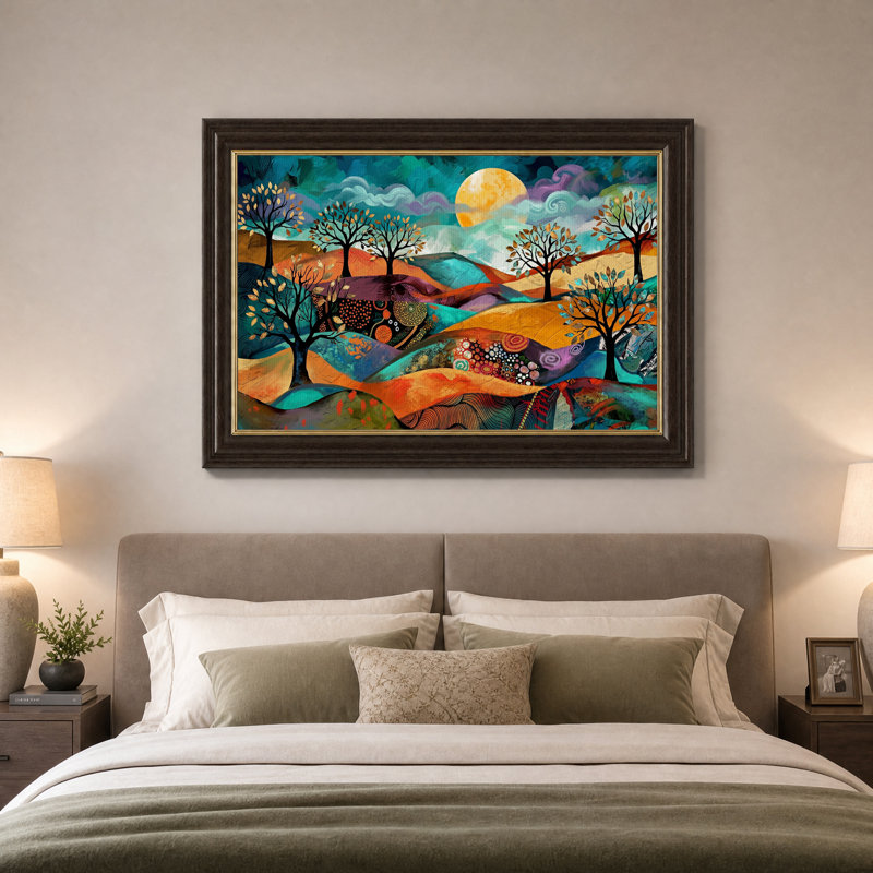 Tableau sur toile représentant des collines et des arbres colorés sous une lune orange, H 12 po x l 18 po