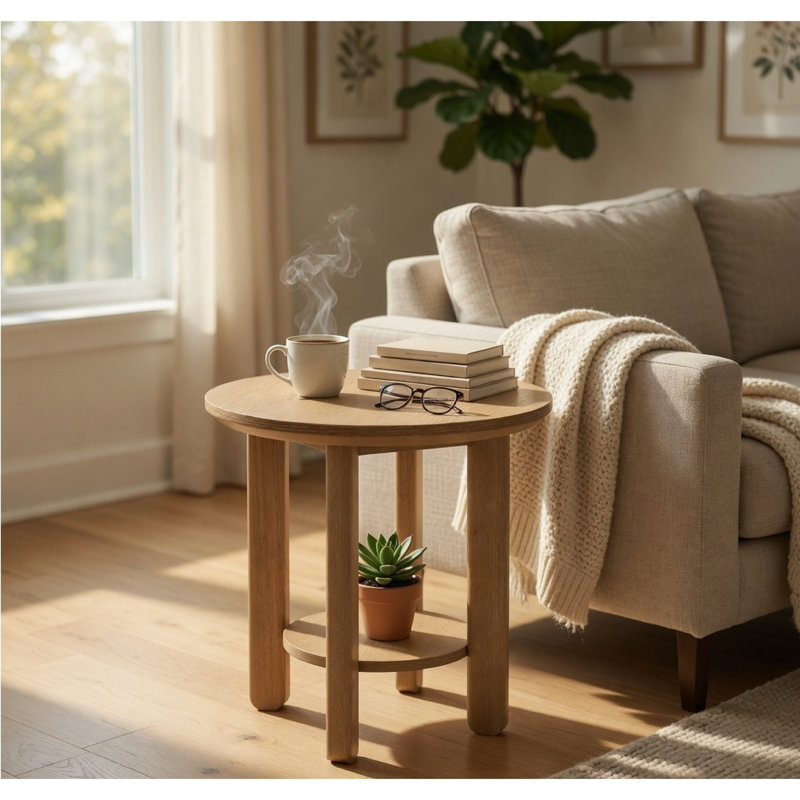Table de bout ronde Clera avec tablette ouverte, bois de chêne clair, 22 po