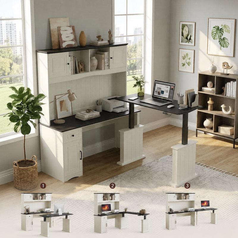 L-Shaped Electric Standing Desk with Hutch & Storage Cabinet, 60" Reversible Executive Home Office Desk with Charging Station, Antique White