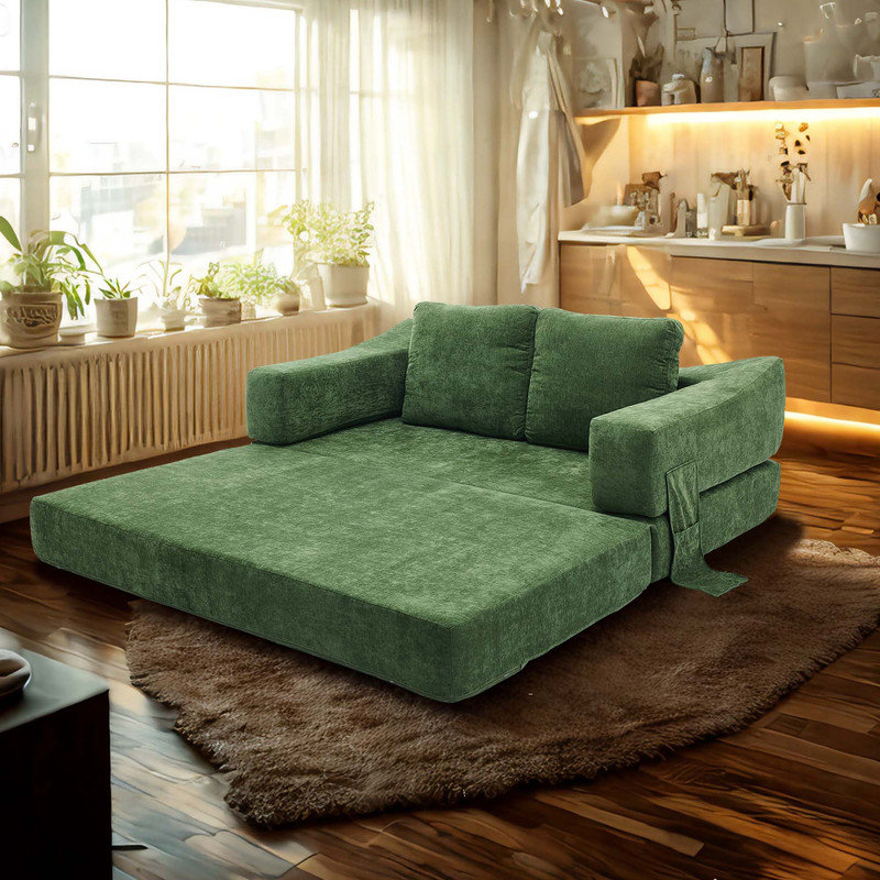 Canapé-lit moderne et minimaliste convertible avec dossier amovible, canapé-lit dépliant et canapé de plancher - Mobilier multifonctionnel pour petits espaces, salon, chambre à coucher, appartement - vert
