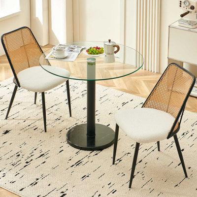 Upholstered Boucle Dining Chairs Set of 2, Modern Kitchen Side Chairs Armless with Curved Rattan Backrest for Dining Room, Living Room, Restaurant, Apartment