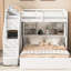 Lit superposé simple au-dessus d'un lit double avec finition blanche, escalier de rangement et garde-robe spacieuse équipée d'une fonction d'éclairage