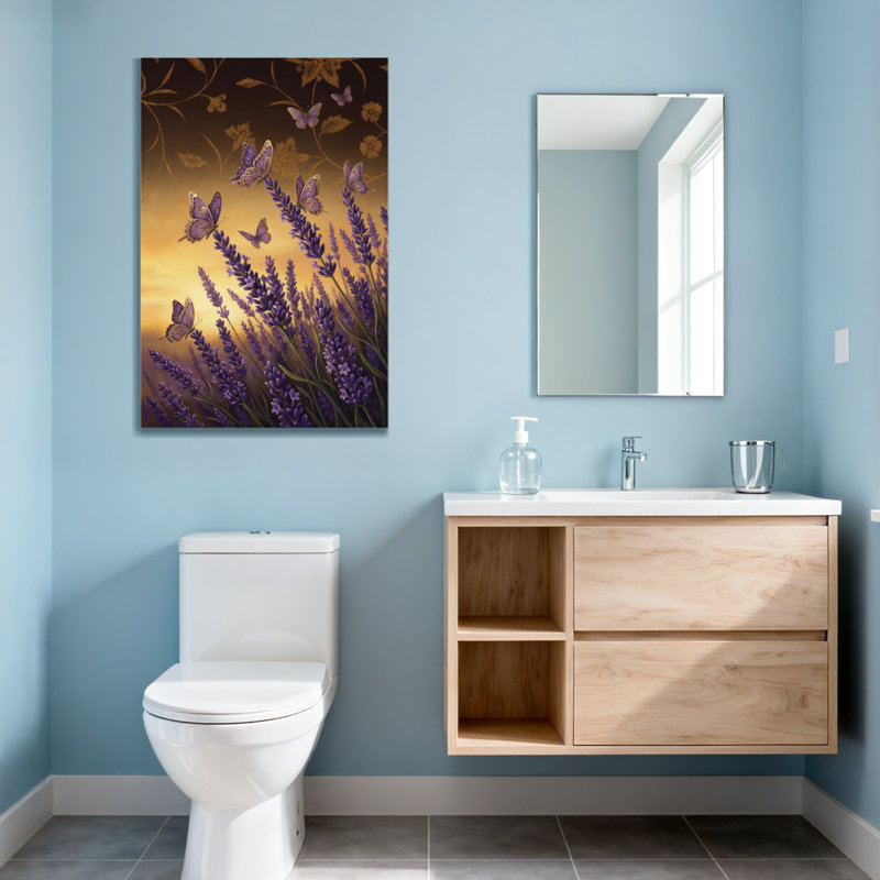Plantes et fleurs sur fond de coucher de soleil sur fond de papillons lavande, H 18 po x l 12 po