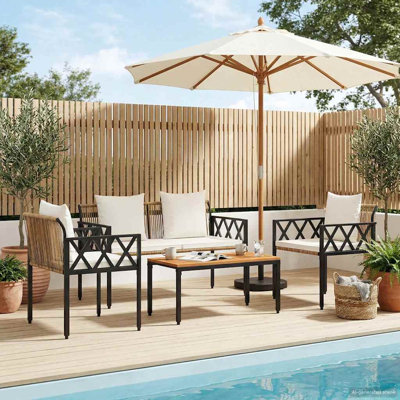  Outdoor Furniture Set with Cushion Poly Rattan Acacia Wood Table Patio