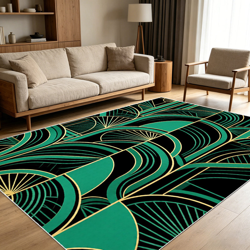 1PC Art Deco Emerald Green Geometric Gold Accent Trim area rugs for Living Room, Soft and Comfortable, Suitable for all seasons, easy-to-maintain, machine washable Indoor floor mat, Under Table Farmhouse suitable for dining room, bedroom, entryway,...
