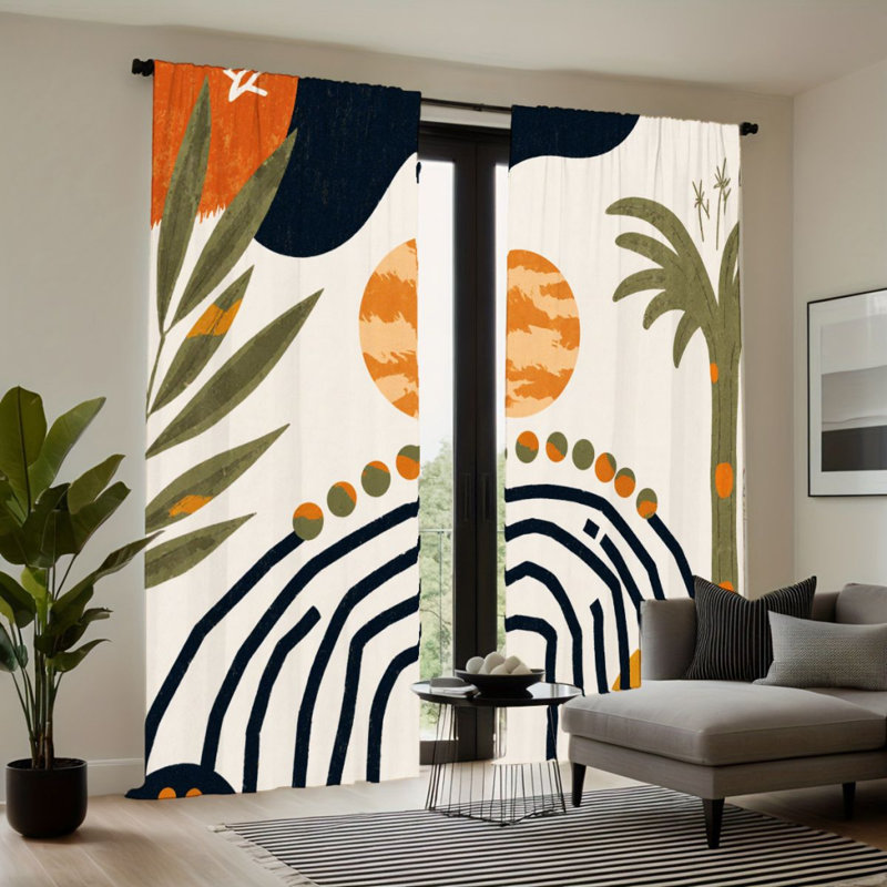 2Pcs Abstract Bohemian Style Curtains, Sun Tree & Arch Pattern, Rod Pocket Blocking, Boho Minimalist Design, All-Season For Living Room Bedroom Study Window Decor