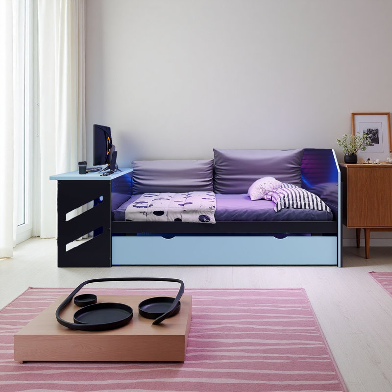 Lit de jour double avec lit gigogne simple, bureau et port USB, Bleu