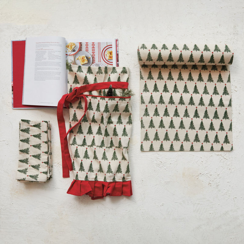 Cotton Printed Half Apron With Christmas Tree Pattern, Pocket And Ruffle
