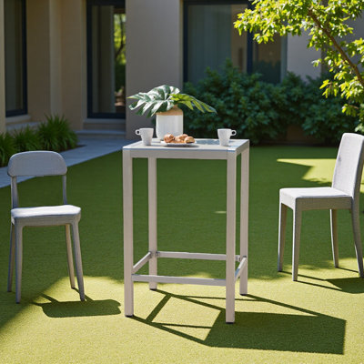 Table de bar d'extérieur en aluminium avec plateau en verre de 43 po, structure robuste et moderne