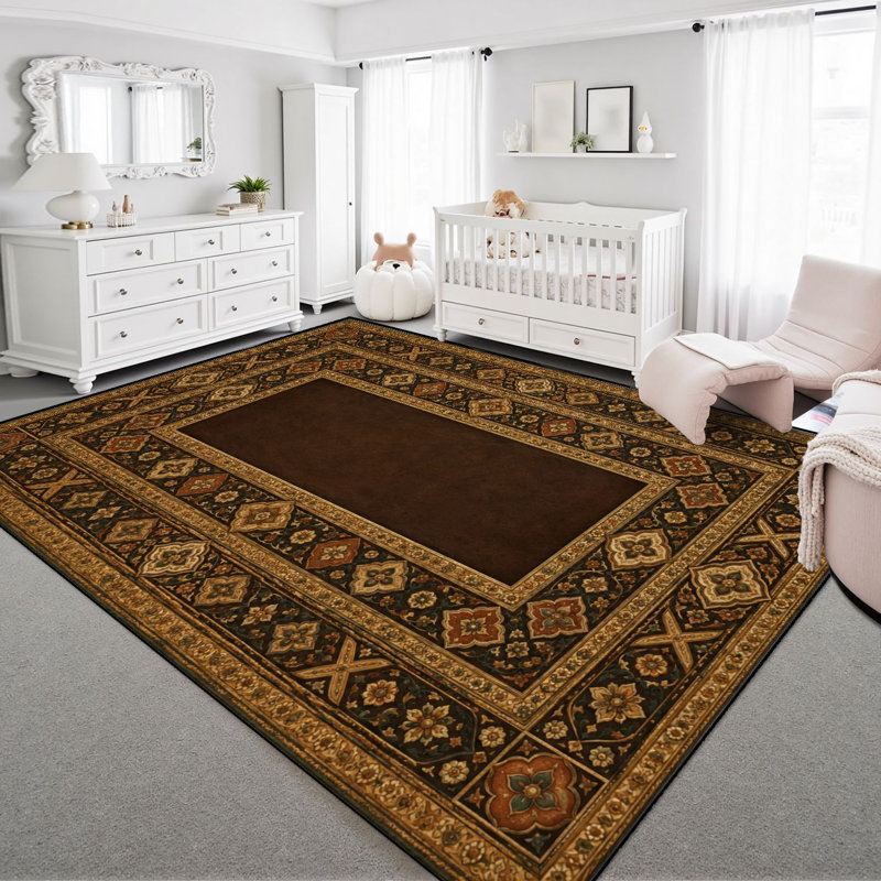 Tapis lavable 240 x 300 cm, bordure florale ornée, poils courts, envers antidérapant en TPE, motifs géométriques, couleur brun riche, or et rouille, doux, idéal pour le salon, la chambre, la salle à manger et le bureau.