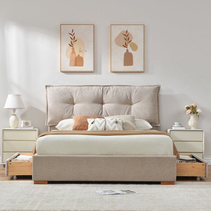 Lit plateforme tapissier avec tête de lit amovible de style coussin Braya, 2 grands tiroirs en bois, beige, grand, Grand