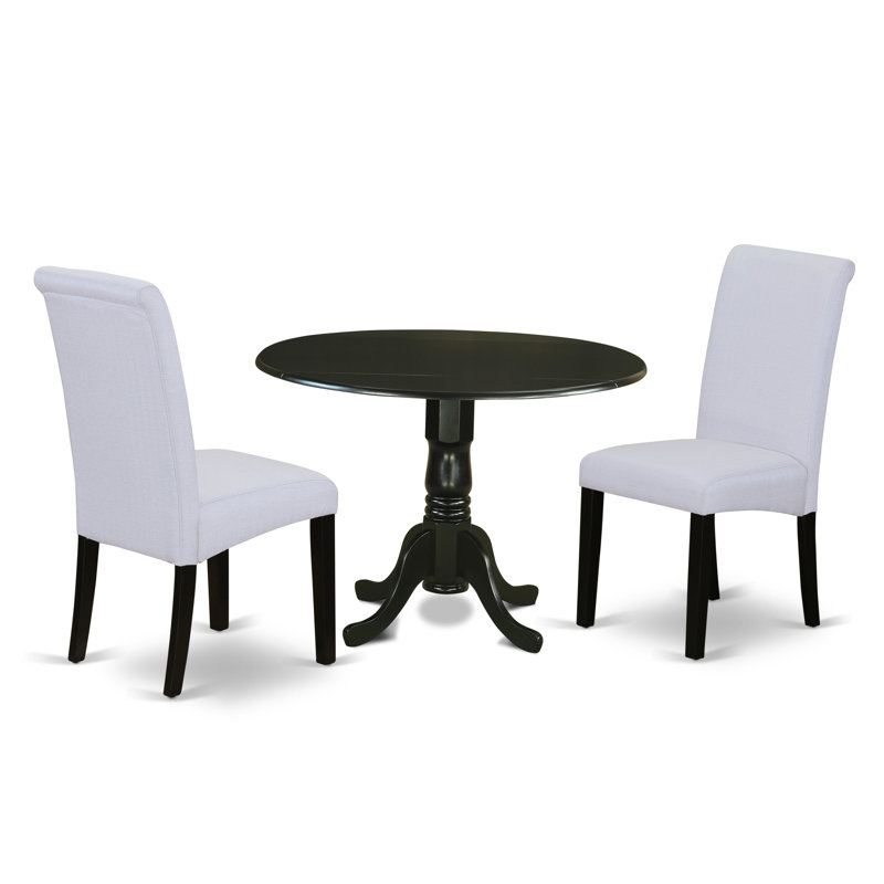 3 Piece Kitchen Table & Chairs Set Contains a Round Dining Room Table with Dropleaf and 2 Grey Linen Fabric Parsons Dining Chairs, 42x42 Inch, Black