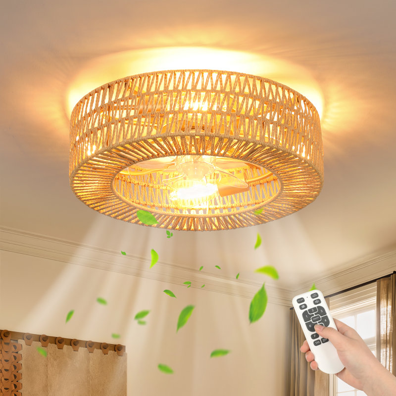 Ventilateur de plafond en cage en rotin à 7 pales de 19,6 po avec ensemble d'éclairage et télécommande Aarzo