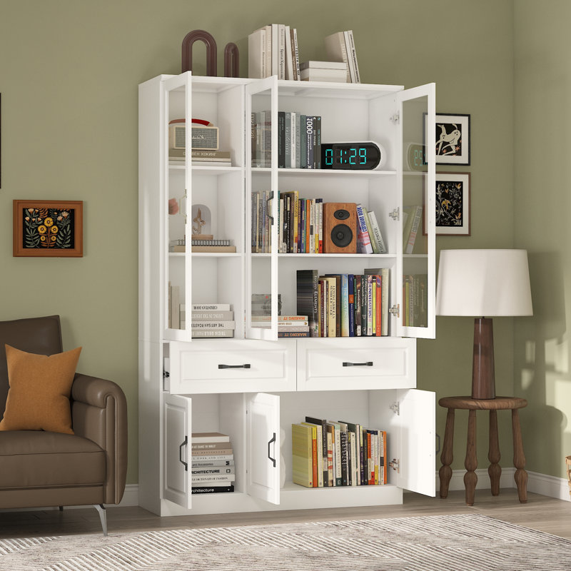Bibliothèque blanche à 2 tiroirs avec portes en verre, (6 tablettes) H 78,7 po x l 47,2 po x P 15,7 po