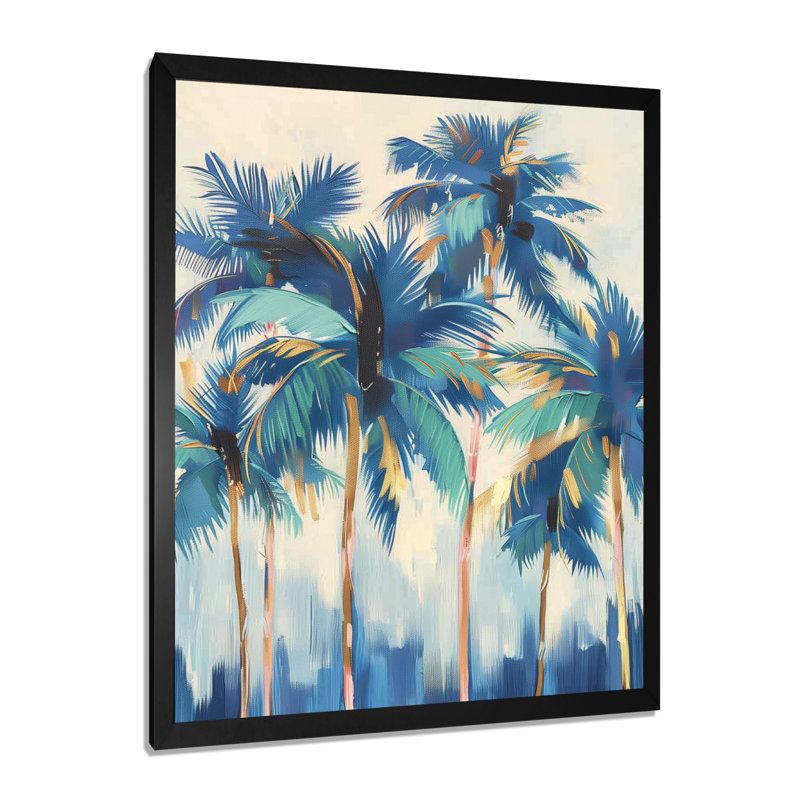 «Blue and Gold Palm Tree Forest In California II» - palmiers et palmiers, art mural, Cadre simple noir, bois massif