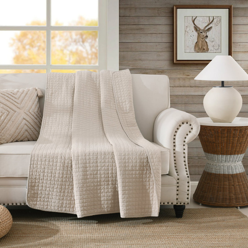 Natural Beige Cotton Quilted Reversible Throw Blanket 50x60 Inches