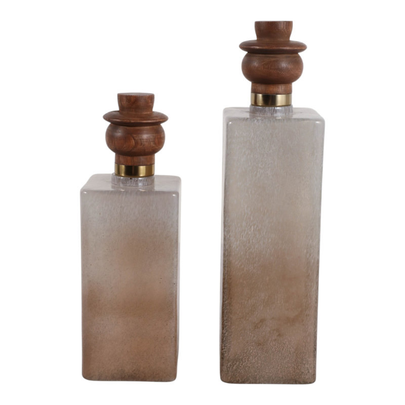 Vase bouteille en verre de style artisanal moderne pour la décoration du bureau ou de la maison - Grand vase contemporain pour présenter des fleurs sur une table de cuisine - Lot de 2, 13 et 15 pouces, ivoire et marron